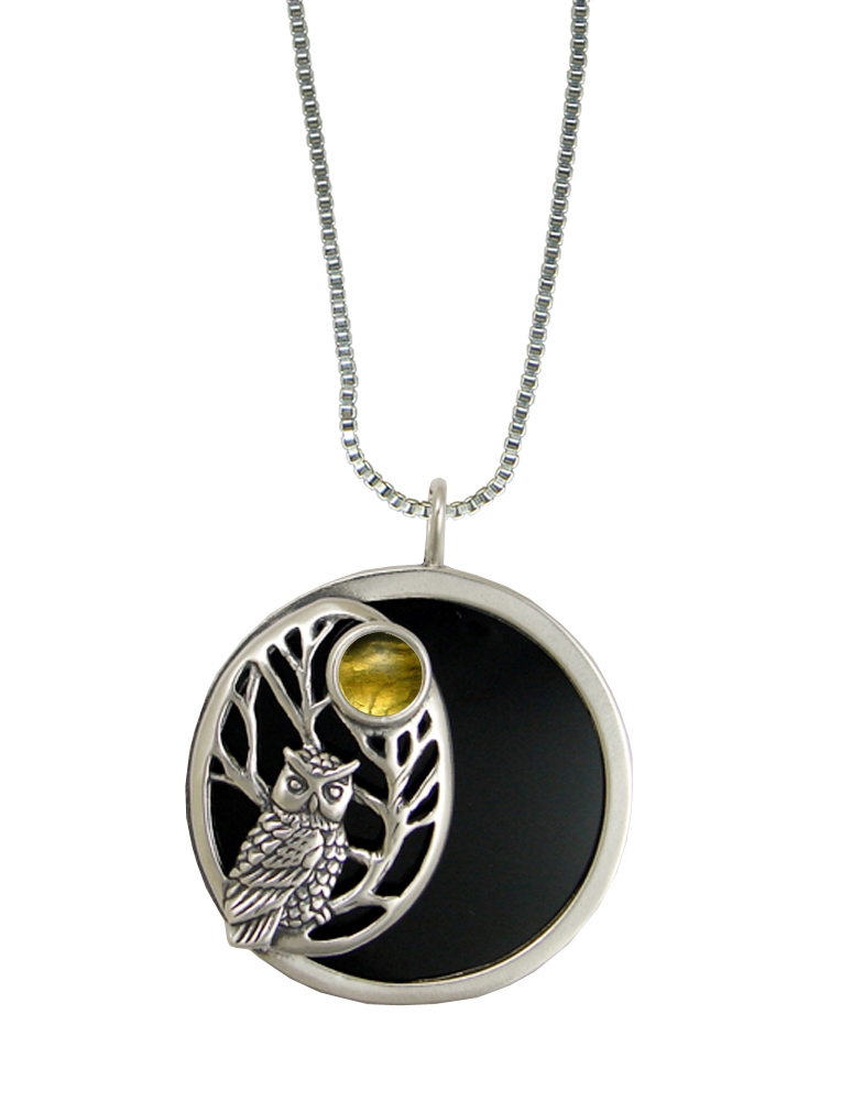Sterling Silver Black Onyx Disc Wise Owl Pendant Necklace With Citrine
